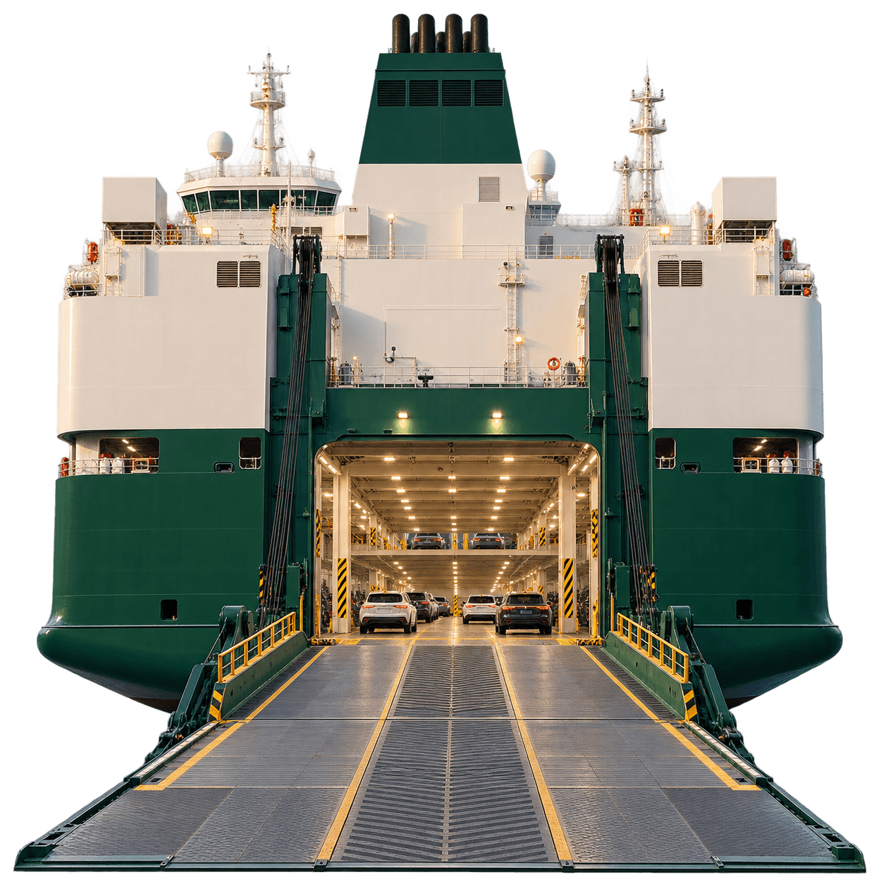Vehicle carrier loading ramp facing the viewer